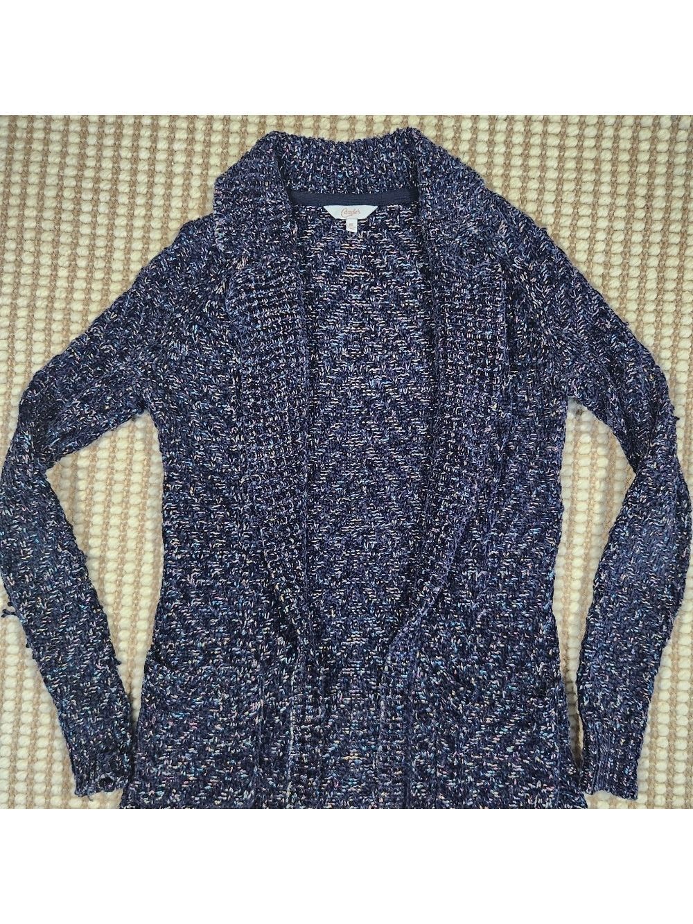 Y2k Candie's Sparkly Yarn Woven Navy Multicolor Knit Open Front Cardigan Casual